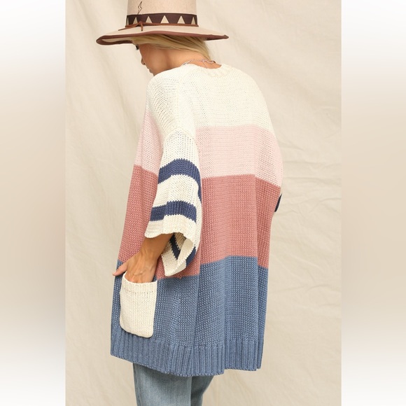 New in Boho Drapery Colorblock Wide Sleeve Open Front Cardigan - Picture 5 of 8